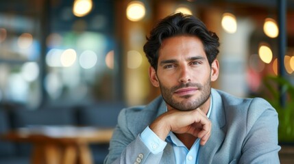 A multiracial man sitting at a table, deep in thought, with his hand resting on his chin - Powered by Adobe