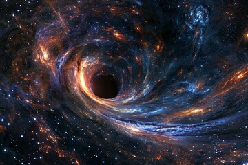 Obraz premium visualizing the gravitational lensing effect of a black hole, with the distorted light of background stars creating a surreal halo effect around the darkness