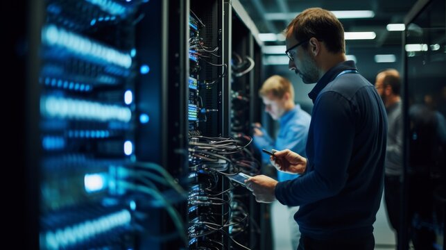 Network engineers maintaining servers in a data center, showcasing teamwork, technology, and connectivity.
