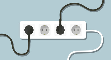 Surge protector with plugged in plugs. Wire, socket, cable, adapter, four ports, 4, electricity, wiring, lighting, power, in out, electrical appliance, charge, shadow on wall. Vector illustration