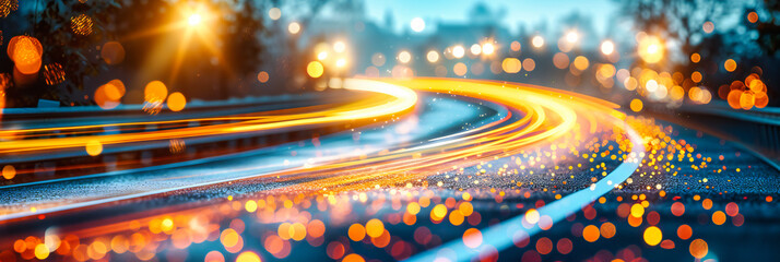 Urban nightlife captured in motion, a vibrant exploration of city roads and traffic lights, blending speed with the architectural beauty of the night - obrazy, fototapety, plakaty