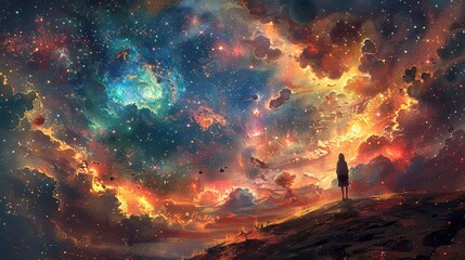 A lone figure stands on a hill, gazing at a spectacular cosmic vista where vibrant nebulas, stars, and galaxies paint the sky in a kaleidoscope of colors. Firey orange and cool blue interstellar cloud