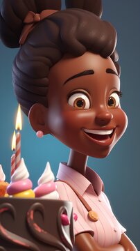 3d render of happy african american girl with birthday cake