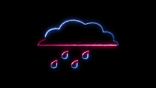 Rainy day icon neon fire blue pink color animation black background, cloud with lightning
