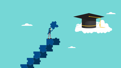 high education, success step to achieve higher education, cost to graduate high degree education, the way to achieve high education, people making ladder from puzzle going to graduation cap - obrazy, fototapety, plakaty