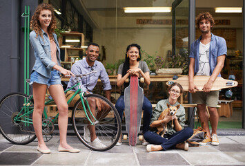 Bike, skateboard and portrait of urban friends on sidewalk together with smile, diversity and...
