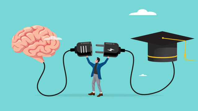 getting higher education with knowledge or science, man connect plug with human brain to graduation cap concept vector illustration