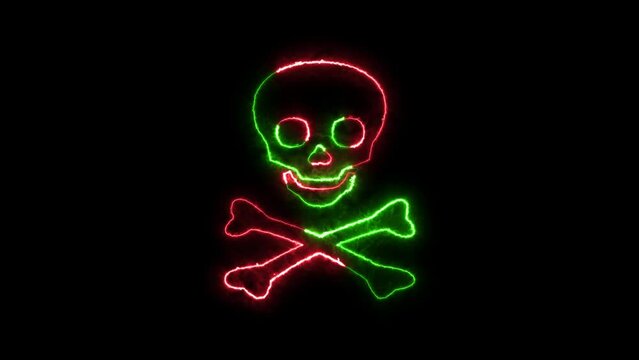 Skull and crossbones icon neon fire green red color animation in black background