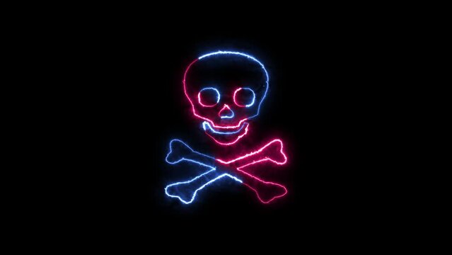 Skull and crossbones icon neon fire blue pink color animation black background