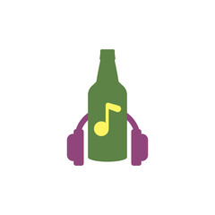 A bottle of beer with a musical note and headphones. Music and beer. Color vector.