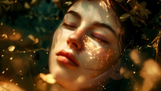 A serene beauty with olivetoned sparkles tered across her skin, embodying the essence of Persephone, the goddess of spring and queen of the underworld.