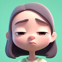 Girl with sad expression on her face, 3d render illustration.