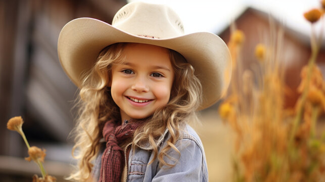 Cute little cowgirl in cowboy hat on the background of a farm. Life on the farm, southern girl