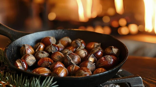 Nestled in the flickering glow of a fireplace a cast iron pan holds a mouthwatering collection of chestnuts each one bursting with caramelized flavor. These roasted treats