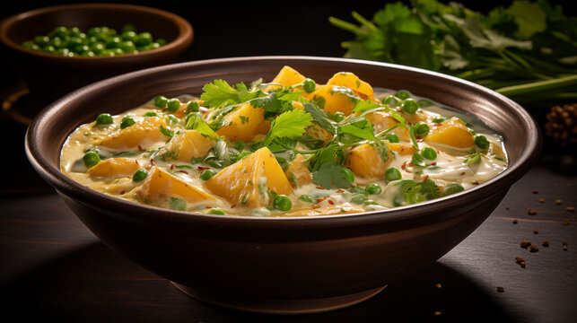 Tibetan Delicacy: Creamy Yoghurt Curry with Potatoes and Peas, Flavored with Turmeric and Cumin