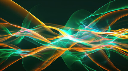 A green and orange striped wave pattern. Abstract design with bright light, futuristic curve, and dynamic motion   illuminated by technology and modern science