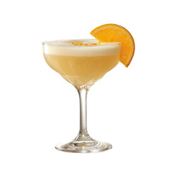 Extreme front view of an Orange Blossom Gin Fizz cocktail in a coupe glass isolated on a white transparent background