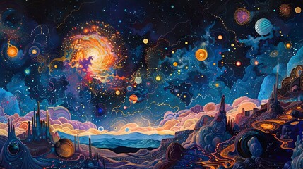 A vivid and surreal digital art piece depicting an otherworldly landscape with vibrant celestial bodies and cosmic phenomena in a star-filled universe.