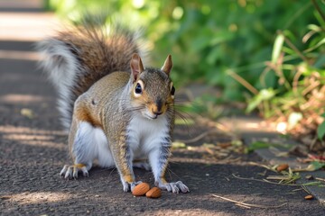 squirrel frozen in place with almond on paved trail