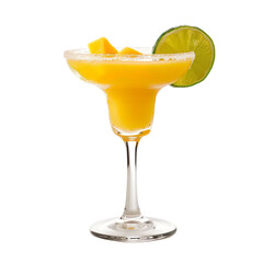 Extreme front view of a Mango Habanero Margarita cocktail in a margarita glass isolated on a white transparent background