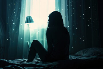 Silhouette woman sitting on the bed in the dark room, Sad woman
