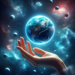 a beautiful blue earth planet floating above an elegant lady's hand on cosmic space background
