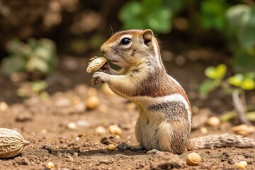 Naklejka na ściany i meble ground squirrel grabbing a cashew in sunny clearing