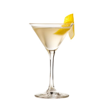 Extreme front view of a Vesper cocktail in a martini glass isolated on a white transparent background