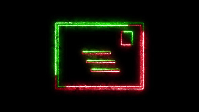 Stamped envelope icon neon fire green red color animation in black background