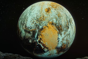 Pluto, emphasizing its varied surface textures, including the iconic heart-shaped glacier Tombaugh Regio, against the backdrop of space