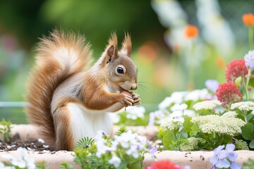 squirrel in flowerbed munching on hazelnut - obrazy, fototapety, plakaty