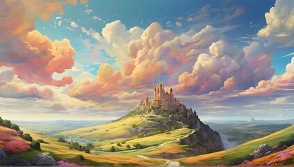 Illustration of a beautiful fantasy paradise, golden, meadows, hills, colorful, vibrant colors, maximalist, 8k photo, animestyle, dynamic, perspective, windy,swirling clouds, trending on artstation - obrazy, fototapety, plakaty