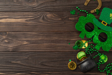 Delightful St. Patrick's composition seen from top view, consisting of clovers, pot with fortune...