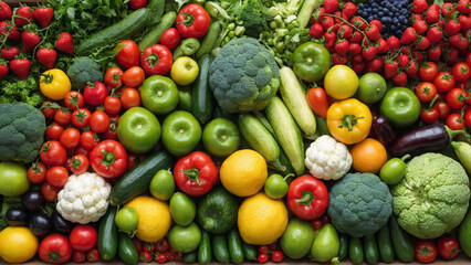 A colorful array of fresh fruits and vegetables, including red tomatoes, green apples, yellow lemons, and leafy greens, arranged neatly to create a visually appealing pattern that highlights the diver