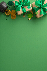 Overhead vertical snapshot of St. Patrick's fantasy, including clovers, magic pot with lucky coins,...