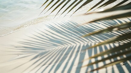 Obraz premium Summer background with Palm leaf shadows on the water, casting patterns on the white sand beach. A captivating summer vacation backdrop