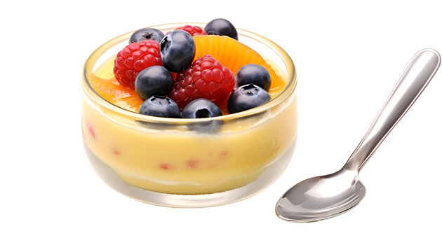 fruit custard , with spoon , well decorated  with fruits and berries, PNG image.