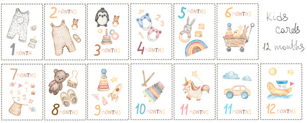 Fototapeta na wymiar Baby milestone cards with hand-drawn watercolor kids toys illustrations and numbers. Newborn 1 to 12 months anniversary cards set
