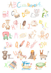 Alphabet poster for children, hand drawn letters and kids toys illustrations, ABC Education for baby, flora and fauna characters. English preschool alphabet. Homeschooling