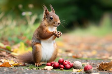squirrel standing on hind legs with chestnut