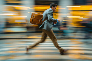 Bewegungsunschärfe eines Geschäftsmannes, der mit einer Aktentasche zu einem Geschäftstreffen rennt - obrazy, fototapety, plakaty