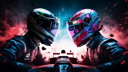 Strap in for a digital duel of speed and skill as virtual F1 drivers compete for glory. - obrazy, fototapety, plakaty
