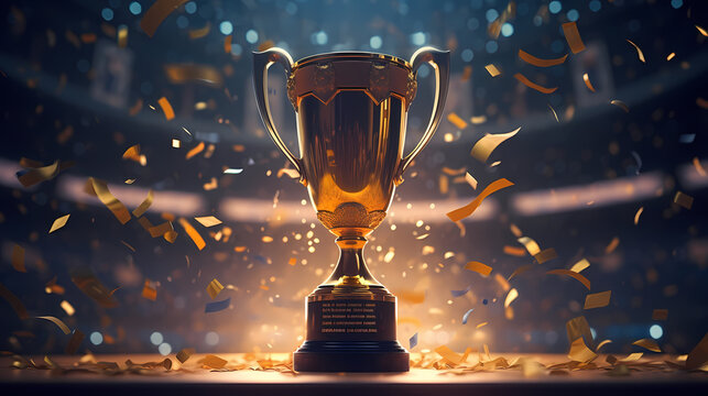 Golden trophy winner cup with blurred background and copy space