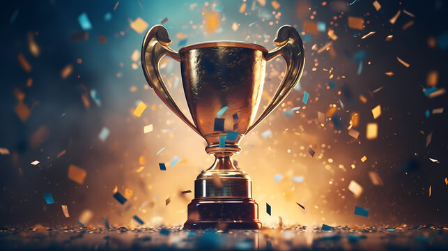 Golden trophy winner cup with blurred background and copy space