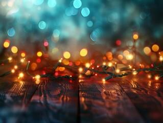 Fototapeta premium Festive Fairy Lights on Wood with Bokeh Background 