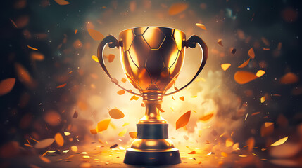 Golden trophy winner cup with blurred background and copy space