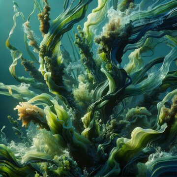 A captivating portrayal of algae in motion, this image blends the natural elegance of aquatic flora with a surreal, artistic twist. The interplay of green, blue hues creates dynamic underwater scene
