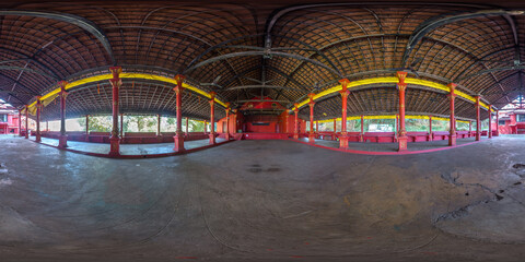 hdri 360 panorama in great hall of hindu maruti temple of ape goddess hanuman in Indian tropic town in red color in equirectangular projection. VR AR content