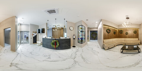 full hdri 360 panorama in reception of corridor of dental clinic in front of doors to treatment...