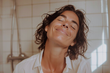 Forty-Year-Old Woman Standing with Closed Eyes in the Morning in Bathroom, Smiling and Enjoying the Moment - 742439715